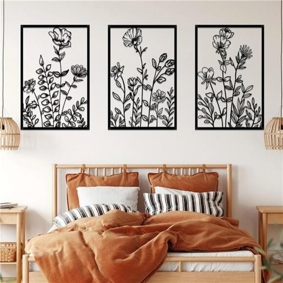 Black Metal Flower Wall Art Set Abstract Minimalist Decor for Bedroom Living - Picture 4 of 8